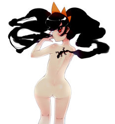 Rule 34 | 1girl, ashley (warioware), ass, back, black hair, blush, floating hair, from behind, hairband, kneepits, lizard, long hair, looking back, mario (series), nintendo, nude, rani, red eyes, simple background, solo, standing, twintails, warioware, white background, wide hips