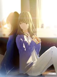 Rule 34 | 2girls, artist name, back-to-back, backlighting, blue shirt, blurry, blurry background, box, brown hair, chromatic aberration, commentary request, cover, expressionless, closed eyes, gift, gift box, grey eyes, highres, kikuchi arisu, light particles, long hair, long sleeves, loundraw, multiple girls, open clothes, open shirt, original, pants, shirt, signature, sitting, sunlight, tooi kuni no alice, white pants, white shirt, window