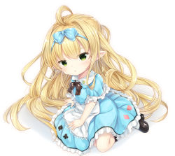 Rule 34 | 1girl, ahoge, alice (alice in wonderland), alice (alice in wonderland) (cosplay), alice in wonderland, apron, black footwear, blonde hair, blue bow, blue dress, blush, bow, club (shape), commentary request, cosplay, diamond (shape), dress, gradient background, granblue fantasy, green eyes, grey background, hair between eyes, hair bow, harvin, head tilt, heart, highres, kneehighs, long hair, maid apron, melissabelle, parted lips, pointy ears, puffy short sleeves, puffy sleeves, shizukawashi sumi, shoes, short sleeves, socks, solo, spade (shape), very long hair, white apron, white background, white socks