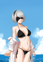 Rule 34 | 1girl, absurdres, alternate costume, arms at sides, bad id, bad pixiv id, bikini, blue sky, breasts, cleavage, covered eyes, day, dress shirt, grey hair, groin, headband, highres, large breasts, navel, nier:automata, nier (series), ocean, off shoulder, outdoors, shirt, short hair, side-tie bikini bottom, sketch, sky, solo, strap gap, swimsuit, thighs, water, 2b (nier:automata)