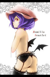 Rule 34 | 1girl, ass, bad id, bad pixiv id, bat wings, black panties, black thighhighs, blush, character name, garter belt, garter straps, hat, highres, lace, lace-trimmed legwear, lace trim, mantarou (shiawase no aoi tori), panties, purple hair, red eyes, remilia scarlet, short hair, solo, thighhighs, topless, touhou, underwear, underwear only, wings
