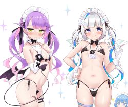 Rule 34 | 3girls, :q, absurdres, amane kanata, amane kanata (nurse), bikini, black bikini, black bow, black bowtie, black ribbon, blue eyes, blue hair, blush, bow, bowtie, breasts, choker, cleavage, closed mouth, cocozasa, colored inner hair, cowboy shot, demon tail, demon wings, elbow gloves, embarrassed, frilled choker, frills, gloves, green eyes, hair ornament, hairclip, halterneck, hand on own hip, highres, hololive, hoshimachi suisei, leg tattoo, long hair, looking at viewer, maid headdress, multicolored hair, multiple girls, navel, pink hair, purple hair, ribbon, side-tie bikini bottom, simple background, single elbow glove, single glove, small breasts, smile, sparkle, star (symbol), stomach, streaked hair, swimsuit, tail, tattoo, thigh strap, thighhighs, tokoyami towa, tongue, tongue out, twintails, very long hair, virtual youtuber, white background, white gloves, white hair, wings, x hair ornament
