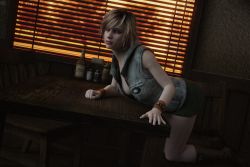 Rule 34 | 1girl, 3d, arm support, artist request, breasts, full body, heather mason, highres, jacket, lips, looking at viewer, medium breasts, no bra, open clothes, open jacket, short hair, silent hill, silent hill (series), silent hill 3, skirt, sleeveless, sleeveless turtleneck, solo, turtleneck, vest, wristband