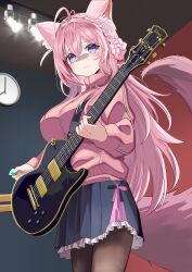 Rule 34 | 1girl, :3, @ @, absurdres, animal ear fluff, animal ears, antenna hair, black pantyhose, black skirt, blue eyes, blush, bocchi the rock!, braid, braided bun, breasts, commentary, cosplay, cowboy shot, crown braid, frilled skirt, frills, gotoh hitori, guitar, hair between eyes, hair bun, hair spread out, hakui koyori, highres, holding, holding instrument, hololive, indoors, instrument, jacket, large breasts, long hair, long sleeves, looking at viewer, manjirou (manji illust), miniskirt, nervous, nervous smile, pantyhose, pink hair, pink jacket, pink tail, pleated skirt, plectrum, sidelocks, skirt, smile, solo, sweat, tail, thighhighs, very long hair, virtual youtuber, wolf ears, wolf girl, wolf tail