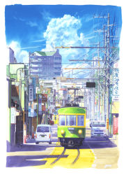 Rule 34 | blue sky, building, cable, car, city, cityscape, cloud, commentary request, day, english text, highres, hiragana, kanji, motor vehicle, no humans, original, power lines, railroad tracks, road, scenery, shade, shonan211, sign, sky, sunlight, train, utility pole