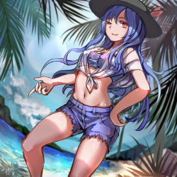 Rule 34 | 1girl, alternate costume, beach, blue hair, blush, dated, day, denim, denim shorts, dutch angle, hand on own hip, hat, highres, hinanawi tenshi, long hair, looking at viewer, myero, one eye closed, palm tree, red eyes, short shorts, short sleeves, shorts, signature, sketch, smile, solo, touhou, tree