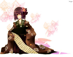 Rule 34 | 1girl, bad id, bad pixiv id, expressionless, female focus, floral print, flower, hair ornament, hairpin, hieda no akyuu, hinayu, japanese clothes, kimono, long sleeves, looking at viewer, purple hair, scroll, short hair, simple background, solo, text focus, touhou, white background
