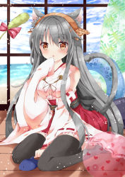 Rule 34 | 10s, 1girl, animal ears, bad id, bad pixiv id, ball, black hair, breasts, brown eyes, cat ears, cat tail, cat teaser, detached sleeves, fish, frills, hairband, haruna (kancolle), heart, innertube, japanese clothes, kantai collection, kemonomimi mode, long hair, looking at viewer, nanase nao, nontraditional miko, open mouth, sitting, solo, swim ring, tail, wide sleeves