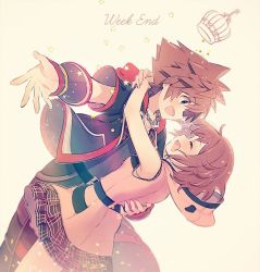 Rule 34 | 1boy, 1girl, arms around neck, belt, black shirt, blue eyes, breasts, brown hair, chain necklace, couple, crown, dancing, dress, english text, closed eyes, hair between eyes, hand on another&#039;s back, hetero, hood, hood down, hooded dress, hoodie, jewelry, kairi (kingdom hearts), kingdom hearts, kingdom hearts iii, looking at another, multicolored clothes, multicolored hoodie, necklace, open mouth, outstretched arms, pink dress, plaid, shirt, short hair, short sleeves, signature, sleeveless, sleeveless dress, small breasts, smile, sora (kingdom hearts), spiked hair, star (symbol), upper body, xpo917