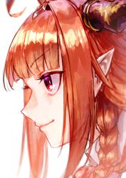 Rule 34 | 1girl, absurdres, ahoge, braid, bright pupils, close-up, collared shirt, dragon girl, dragon horns, from side, hairband, highres, hololive, horns, kiryu coco, light smile, long hair, looking away, multicolored eyes, orange hair, pointy ears, portrait, purple eyes, red eyes, shirt, side braid, sidelocks, simple background, single braid, solo, virtual youtuber, white background, white pupils, white shirt, yu hydra