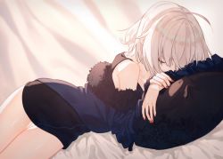 Rule 34 | 1girl, ahoge, bare legs, bare shoulders, bed, bed sheet, black dress, coat, commentary request, curtains, dress, fate/grand order, fate (series), fur-trimmed coat, fur-trimmed jacket, fur collar, fur trim, jacket, jeanne d&#039;arc (fate), jeanne d&#039;arc alter (fate), jeanne d&#039;arc alter (ver. shinjuku 1999) (fate), lying, nail polish, nakaba (mode), official alternate costume, on side, red nails, short dress, silver hair, solo, wicked dragon witch ver. shinjuku 1999