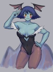 Rule 34 | 1girl, absurdres, blue hair, blue skin, breasts, cleavage, colored skin, commentary, cosplay, covered navel, english commentary, hand on own hip, highres, lei lei, looking to the side, medium breasts, morrigan aensland, morrigan aensland (cosplay), ocatg, pantyhose, short hair, solo, v, vampire (game), yellow eyes