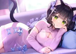 Rule 34 | 1girl, :o, animal ear fluff, animal ears, bell, black hair, blue bow, blue nails, bow, breasts, cat ears, cat girl, cat tail, cleavage, cleavage cutout, clothing cutout, commentary request, day, detached sleeves, dress, frilled pillow, frills, green eyes, hair ornament, hairclip, heart, heart hair ornament, heart-shaped pillow, indoors, jingle bell, long hair, long sleeves, lying, medium breasts, meme attire, mole, mole under mouth, momoshiki tsubaki, nail polish, neck bell, on side, open-chest sweater, original, parted lips, pillow, pink sleeves, pink sweater, plaid, plaid pillow, revision, sleeves past wrists, solo, sunlight, sweater, sweater dress, tail, twintails, very long hair, window, x hair ornament
