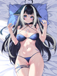 Rule 34 | 1girl, ahoge, animal ears, bed sheet, belt collar, bikini, black hair, blue bikini, blue collar, body markings, breasts, closed mouth, collar, facial mark, gluteal fold, heart, heart ahoge, highres, indie virtual youtuber, large breasts, long hair, looking at viewer, lying, multicolored hair, nail polish, navel, on back, orca girl, pillow, purple eyes, shylily, shylily (bikini), smile, solo, streaked hair, swimsuit, thigh strap, virtual youtuber, waterring, white hair