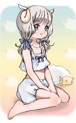 Rule 34 | 1girl, animal ears, bad id, bad pixiv id, barefoot, bloomers, camisole, child, feet, green eyes, hair ribbon, horns, kicham, long hair, monster girl, ribbon, sheep, sheep ears, sheep girl, sheepgirl, smile, solo, toes, twintails, underwear, white bloomers, white hair