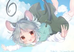 Rule 34 | 1girl, absurdres, animal ear fluff, animal ears, ashino chimado, bloomers, blue capelet, blue sky, blush, brown eyes, capelet, clothing cutout, cloud, commentary request, dress, falling, feet out of frame, green dress, grey hair, highres, long sleeves, looking at viewer, mouse ears, mouse girl, mouse tail, nazrin, open mouth, shirt, short hair, sky, smile, solo, tail, tail through clothes, touhou, underwear, white shirt