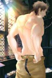 Rule 34 | 1boy, back, bara, black clover, black hair, brown pants, cigarette, clothes pull, facial hair, feet out of frame, from behind, goatee, hana (hana88771835), highres, male focus, mature male, muscular, muscular male, pants, pants pull, short hair, sideburns, solo, stubble, sunlight, topless male, undressing, yami sukehiro