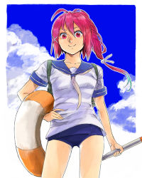Rule 34 | 10s, 1girl, cloud, contrapposto, day, hand on own hip, hiro (chumo), i-168 (kancolle), innertube, kantai collection, long hair, red eyes, red hair, school swimsuit, school uniform, serafuku, smile, solo, standing, swim ring, swimsuit, swimsuit under clothes, torpedo