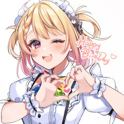 Rule 34 | 1girl, anzu 1026, blonde hair, braid, hands up, happy birthday, heart, heart hands, highres, indie virtual youtuber, light blush, maid headdress, one eye closed, open mouth, otome moka, pink eyes, puffy sleeves, short sleeves, simple background, solo, teeth, two side up, upper body, upper teeth only, virtual youtuber, white background