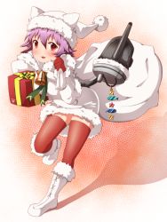 Rule 34 | 10s, 1girl, :3, alternate costume, box, carrying, carrying under arm, gift, gift box, kantai collection, looking at viewer, machinery, oyatsu (jzs 137), oyatsu (mk2), purple hair, red eyes, red thighhighs, sack, short hair, solo, tama (kancolle), thighhighs, turret, winter clothes, zettai ryouiki