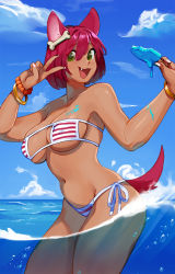 Rule 34 | 1girl, animal ears, bad id, bad pixiv id, bangle, bare shoulders, bikini, blue sky, bone hair ornament, bracelet, breasts, bubble, cleavage, cloud, cloudy sky, commentary, cowboy shot, dark-skinned female, dark skin, day, dog ears, dog girl, dog tail, dripping, english commentary, eyepatch bikini, fang, food, green eyes, hair between eyes, hair ornament, jewelry, nail polish, navel, open mouth, original, outdoors, paid reward available, popsicle, red hair, short hair, sky, smile, solo, striped bikini, striped clothes, swimsuit, tail, v, white nails, zambiie