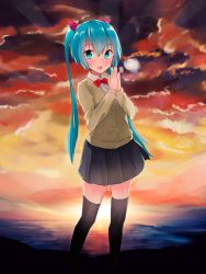 Rule 34 | 1girl, aqua eyes, aqua hair, bad id, bad pixiv id, breath, cloud, hatsune miku, highres, long hair, looking at viewer, open mouth, osanzi, own hands together, school uniform, skirt, solo, sunset, thighhighs, twintails, very long hair, vocaloid