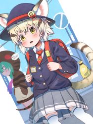 Rule 34 | 2girls, alternate costume, animal ears, backpack, bag, blonde hair, blue hair, blue headwear, blue jacket, blush, bow, cat ears, cat girl, cat tail, collared shirt, commentary request, cowgirl position, extra ears, grey skirt, hands in pockets, hat, hat bow, highres, holding strap, hood, hood up, hoodie, jacket, japari symbol, kemono friends, long sleeves, multicolored hair, multiple girls, name tag, necktie, pleated skirt, print hoodie, rakugakiraid, randoseru, red bag, red necktie, safety pin, sand cat (kemono friends), sand cat print, school uniform, shirt, short hair, skirt, snake print, snake tail, straddling, tail, thighhighs, translation request, tsuchinoko (kemono friends), white hair, white legwear, white shirt, yellow eyes, zettai ryouiki