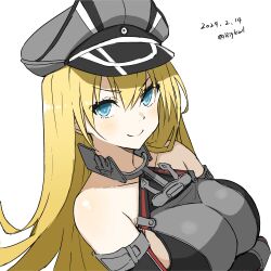 Rule 34 | 1girl, absurdres, anchor ornament, arms under breasts, bare shoulders, bigkwl, bismarck (kancolle), blonde hair, blue eyes, bodysuit, breasts, closed mouth, commentary request, dated, elbow gloves, gloves, grey bodysuit, hair between eyes, hat, highres, kantai collection, large breasts, long hair, looking at viewer, military hat, military uniform, peaked cap, sideboob, smile, solo, twitter username, uniform, upper body, white background
