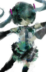 Rule 34 | 1girl, abstract, absurdres, aqua hair, black sleeves, detached sleeves, hatsune miku, highres, hilty, simple background, solo, twintails, vocaloid, white background