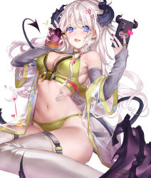Rule 34 | 1girl, bare shoulders, blue eyes, breasts, bridal gauntlets, cellphone, cleavage, crop top, demon girl, demon horns, demon tail, demon wings, food, fruit, full-length zipper, green panties, green shirt, hands up, highres, holding, horns, jacket, large breasts, liiko, long hair, looking at viewer, low wings, midriff, nail polish, navel, no pants, o-ring, o-ring bottom, o-ring panties, off shoulder, open clothes, open jacket, open mouth, original, panties, phone, pointy ears, revealing clothes, see-through, shirt, simple background, sitting, sleeveless, sleeveless shirt, smartphone, smile, solo, stomach, tail, thighhighs, thighs, underwear, unzipped, wariza, white background, white hair, white jacket, white thighhighs, wings, zipper, zipper pull tab