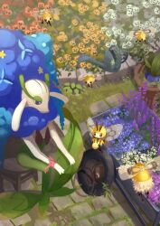 Rule 34 | absurdres, commentary request, creatures (company), cutiefly, day, florges, flower, from above, game freak, gen 1 pokemon, gen 6 pokemon, gen 7 pokemon, grass, highres, holding, king joe (neoroto), looking down, nintendo, no humans, oddish, outdoors, pink ribbon, pokemon, pokemon (creature), ribbon, ribombee, sitting, stool, tire, watering can