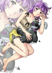 Rule 34 | 1girl, ahoge, bare legs, bare shoulders, barefoot, blush, brown eyes, camisole, character request, collarbone, cuvie, eyepatch, face, feet, legs, nightmare maker, purple hair, rubbing eyes, short hair, solo, stuffed toy, toes, toy, zoom layer