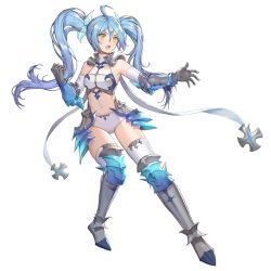 Rule 34 | 1girl, ahoge, arm warmers, armor, armored boots, armpits, bare shoulders, blue hair, boots, crop top, faulds, full body, gauntlets, hair ornament, king&#039;s raid, knee boots, long hair, micro shorts, midriff, navel, official art, open mouth, revealing clothes, shirt, shorts, sleeveless, sleeveless shirt, solo, sonia (king&#039;s raid), stomach, thighhighs, thighs, transparent background, twintails, v-shaped eyebrows, white shirt, white thighhighs, yellow eyes