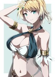 Rule 34 | 1girl, absurdres, alternate breast size, armlet, bare shoulders, bikini, blonde hair, blue eyes, breasts, cleavage, earrings, fire emblem, fire emblem heroes, fjorm (fire emblem), fjorm (summer) (fire emblem), flower, hair flower, hair ornament, highres, jewelry, large breasts, looking at viewer, navel, nintendo, official alternate costume, short hair, solo, swimsuit, to (tototo tk), upper body
