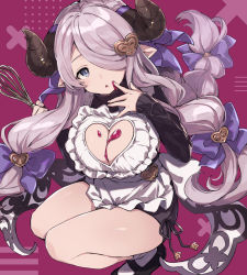 Rule 34 | 1girl, blue eyes, braid, breasts, bright pupils, candy, chocolate, chocolate heart, cleavage, cleavage cutout, clothing cutout, draph, food, granblue fantasy, hair ornament, hair over one eye, heart, heart cutout, heart hair ornament, highres, horn ornament, horn ribbon, horns, icing, large breasts, long hair, low-tied long hair, narmaya (granblue fantasy), narmaya (valentine) (granblue fantasy), parted bangs, pink hair, piyo cotori, pointy ears, ribbon, socks, solo, squatting, sweater, thighs, very long hair, whisk