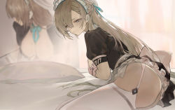 1girl, apron, aqua neckwear, ass, asuna (blue archive), bangs, bed, black dress, blue archive, blue eyes, blush, breasts, cleavage, closed mouth, dress, garter straps, gloves, hair between eyes, hair ornament, hair ribbon, koio, large breasts, light brown hair, long hair, looking at viewer, maid, maid headdress, neckwear between breasts, on bed, pillow, reflection, ribbon, smile, solo, sweat, thighhighs, thighs, white apron, white gloves, white legwear