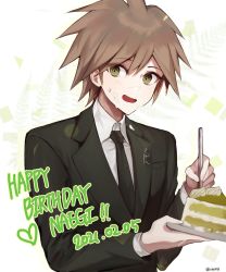 Rule 34 | 16 (0xhsk16), 1boy, ahoge, artist name, blush, brown hair, brown jacket, cake, cake slice, character name, collared shirt, commentary request, danganronpa: trigger happy havoc, danganronpa (series), dated, food, fork, green eyes, happy birthday, highres, holding, holding fork, holding plate, jacket, looking at viewer, male focus, naegi makoto, necktie, open mouth, plate, shirt, short hair, smile, solo, striped, sweat, upper body, white shirt