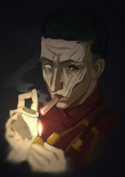 Rule 34 | 1boy, absurdres, arcane: league of legends, bad id, bad pixiv id, black hair, black sclera, cigar, closed mouth, colored sclera, commentary request, fire, grey eyes, hands up, heterochromia, highres, im (dorya9), jacket, league of legends, lighter, portrait, red eyes, red jacket, scar, scar on face, short hair, silco (arcane), solo, upper body