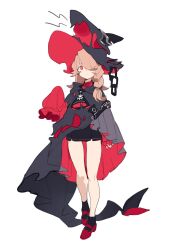 Rule 34 | 1girl, ankle socks, ascot, asymmetrical bangs, asymmetrical sleeves, black ascot, black cloak, black hat, black skirt, black socks, braid, chain, cloak, closed mouth, eye print, fins, fish tail, frilled sleeves, frills, frown, full body, hair over one eye, hat, highres, hood, hood down, hooded cloak, long sleeves, mary janes, medium hair, miniskirt, mismatched sleeves, orange hair, original, puffy long sleeves, puffy sleeves, red eyes, red footwear, red shirt, sh (shinh), shark hat, shark tail, shirt, shoes, single braid, skirt, sleeves past fingers, sleeves past wrists, socks, solo, tail, white background, witch hat
