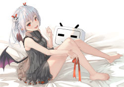 Rule 34 | 1girl, :d, armpit crease, babydoll, bare arms, bare legs, bare shoulders, barefoot, bed sheet, commentary request, demon wings, do2mi doreimi, fang, frills, hair ornament, highres, holding, indie virtual youtuber, knees up, long hair, looking at viewer, nail polish, open mouth, original, pink nails, pointy ears, red eyes, red ribbon, ribbon, sidelocks, silver hair, sitting, slit pupils, smile, solo, thighs, twintails, virtual youtuber, wings