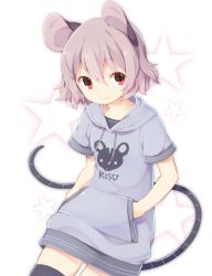 Rule 34 | 1girl, akagashi hagane, alternate costume, animal ears, black thighhighs, clothes writing, contemporary, grey hair, hands in pocket, hands in pockets, hood, hoodie, mouse (animal), mouse ears, mouse tail, nazrin, red eyes, short hair, short sleeves, simple background, smile, solo, star (symbol), tail, thighhighs, touhou, zettai ryouiki
