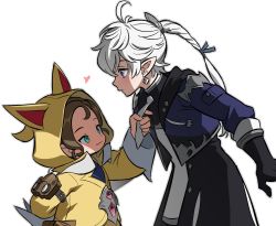 Rule 34 | 1boy, 1girl, ahoge, alphinaud leveilleur, animal hood, aqua eyes, arm behind back, arm belt, black gloves, blue coat, blue eyes, braid, braided ponytail, brown hair, cat hood, chinese commentary, coat, commentary request, cowboy shot, earclip, elbow gloves, elezen, elf, eye contact, final fantasy, final fantasy xiv, from side, gloves, grey outline, hair ribbon, hand up, heart, height difference, hetero, highres, hood, hood up, hoodie, krile mayer baldesion (ff14), lalafell, leaning forward, long hair, long sleeves, looking at another, necktie, necktie grab, neckwear grab, pointy ears, profile, ribbon, short hair, simple background, single braid, smile, standing, surprised, white background, white hair, white necktie, wide-eyed, wuliu heihuo, yellow hoodie