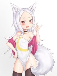 Rule 34 | :3, :d, \n/, animal ear fluff, animal ears, bare shoulders, black choker, black thighhighs, blush, breasts, choker, collarbone, covered navel, dress, fang, feet out of frame, forehead, fox ears, fox tail, hand on own hip, hand up, highres, jewelry, long hair, looking at viewer, off-shoulder dress, off shoulder, open mouth, parted bangs, pendant, pink scarf, red eyes, scarf, sewayaki kitsune no senko-san, shiro (sewayaki kitsune no senko-san), short eyebrows, sidelocks, simple background, skindentation, sleeveless, sleeveless dress, small breasts, smile, standing, tail, thighhighs, thighs, tight clothes, turning head, white background, white dress, white hair, yudaneko