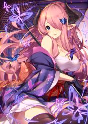 Rule 34 | 1girl, animal print, black gloves, black thighhighs, blue eyes, blush, braid, breasts, bug, butterfly, butterfly print, draph, gloves, granblue fantasy, hair ornament, hair over one eye, highres, homaderi, horns, insect, japanese clothes, kimono, large breasts, long hair, looking at viewer, narmaya (granblue fantasy), narmaya (visions of butterflies) (granblue fantasy), obi, off shoulder, oil-paper umbrella, parted lips, pink hair, pointy ears, sarashi, sash, sitting, smile, solo, thighhighs, umbrella, very long hair