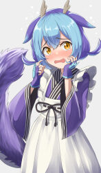 Rule 34 | 1girl, absurdres, antlers, apron, blue hair, blush, brown eyes, commentary request, dragon girl, dragon horns, dragon tail, duel monster, fingerless gloves, frilled apron, frills, gloves, grey background, hair between eyes, hands up, highres, horns, japanese clothes, kimono, kirikan (cokekiri), laundry dragonmaid, long sleeves, looking at viewer, multicolored hair, nose blush, open mouth, purple gloves, purple hair, purple kimono, simple background, solo, tail, tears, two-tone hair, wavy mouth, white apron, wide sleeves, yu-gi-oh!
