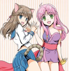 Rule 34 | 2girls, animal ears, blue eyes, blue skirt, breasts, brown hair, cat ears, cat girl, cat tail, character request, clothes lift, copyright request, fingerless gloves, gloves, green eyes, holding hands, japanese clothes, kimono, long hair, looking at viewer, medium breasts, multiple girls, nagano akane, open mouth, pink hair, pleated skirt, pointy ears, school uniform, serafuku, shirt, short kimono, single glove, skirt, skirt lift, sleeveless, sleeveless kimono, smile, tail, thighs, white shirt, yellow gloves