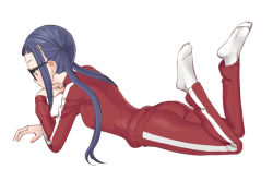 Rule 34 | 1girl, ass, blue hair, brown eyes, easy (aqk7bdqt), full body, glasses, long hair, long sleeves, lying, no shoes, on stomach, oogaki chiaki, pants, red pants, simple background, socks, solo, track suit, twintails, white background, white socks, yurucamp