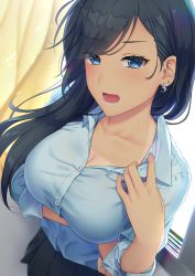 Rule 34 | 1girl, aimori meguru, arm under breasts, bad id, bad pixiv id, black hair, blue eyes, blue shirt, blue skirt, blush, breasts, cleavage, collarbone, collared shirt, curtains, dress shirt, earrings, highres, jewelry, large breasts, lipstick, long hair, looking at viewer, makeup, open mouth, original, pink lips, pleated skirt, shirt, skirt, solo, swept bangs, tan, tanline, tanline peek, window