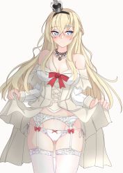 Rule 34 | 1girl, black hairband, blonde hair, blue eyes, braid, breasts, cleavage, clothes lift, commentary request, corset, crown, dress, dress lift, french braid, garter straps, hairband, highres, jewelry, kantai collection, long hair, long sleeves, looking at viewer, medium breasts, mini crown, necklace, nitamako (sakamalh), off-shoulder dress, off shoulder, panties, simple background, solo, thighhighs, underwear, warspite (kancolle), white background, white dress, white panties, white thighhighs