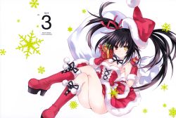 Rule 34 | adapted costume, bag, boots, breasts, character name, christmas, christmas stocking, cleavage, clock eyes, cross-laced footwear, date a live, english text, engrish text, hat, heterochromia, high heel boots, high heels, highres, holding, holding bag, lace-up boots, looking at viewer, platform boots, platform footwear, ranguage, red eyes, santa costume, santa hat, smile, solo, symbol-shaped pupils, tokisaki kurumi, tsunako
